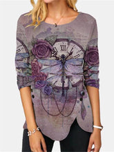 Load image into Gallery viewer, Women's Dragonfly Print Round Neck T-shirt Long-sleeved Casual Top