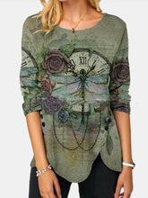 Load image into Gallery viewer, Women's Dragonfly Print Round Neck T-shirt Long-sleeved Casual Top