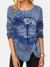 Load image into Gallery viewer, Women's Dragonfly Print Round Neck T-shirt Long-sleeved Casual Top