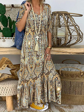 Bohemian Mid-sleeve Print Slit Casual Loose Long Dress