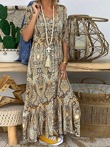 Bohemian Mid-sleeve Print Slit Casual Loose Long Dress