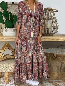 Bohemian Mid-sleeve Print Slit Casual Loose Long Dress