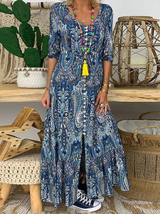 Bohemian Mid-sleeve Print Slit Casual Loose Long Dress