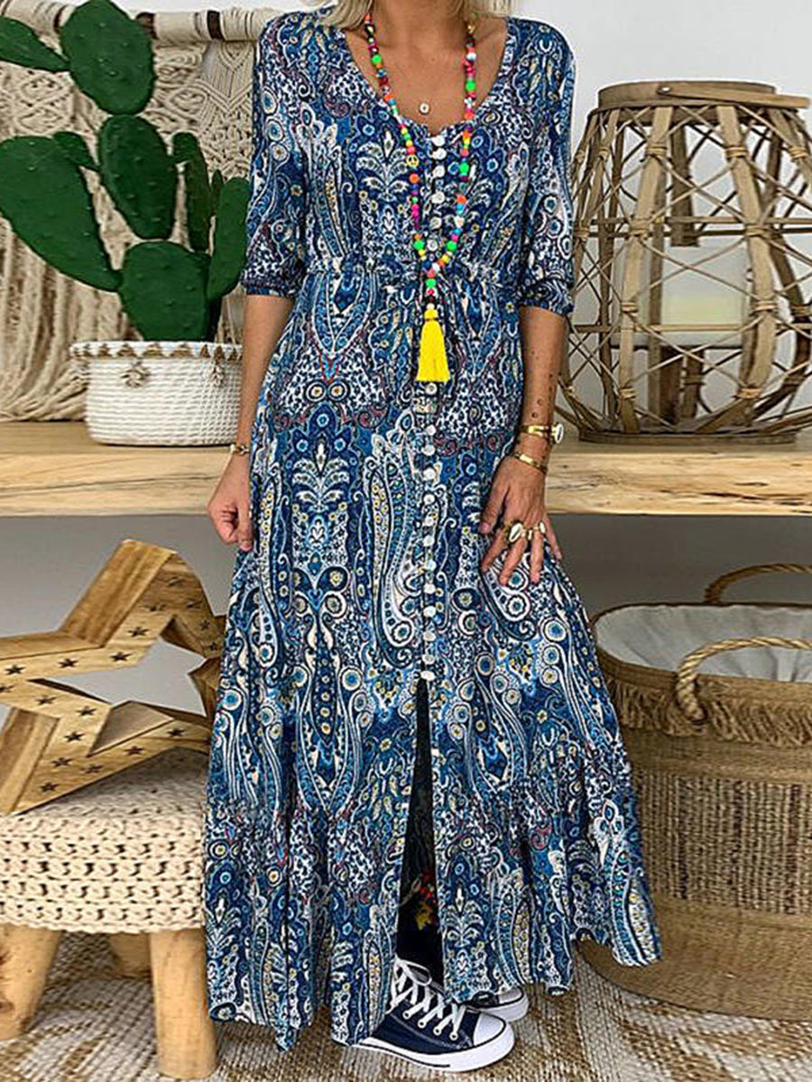 Bohemian Mid-sleeve Print Slit Casual Loose Long Dress