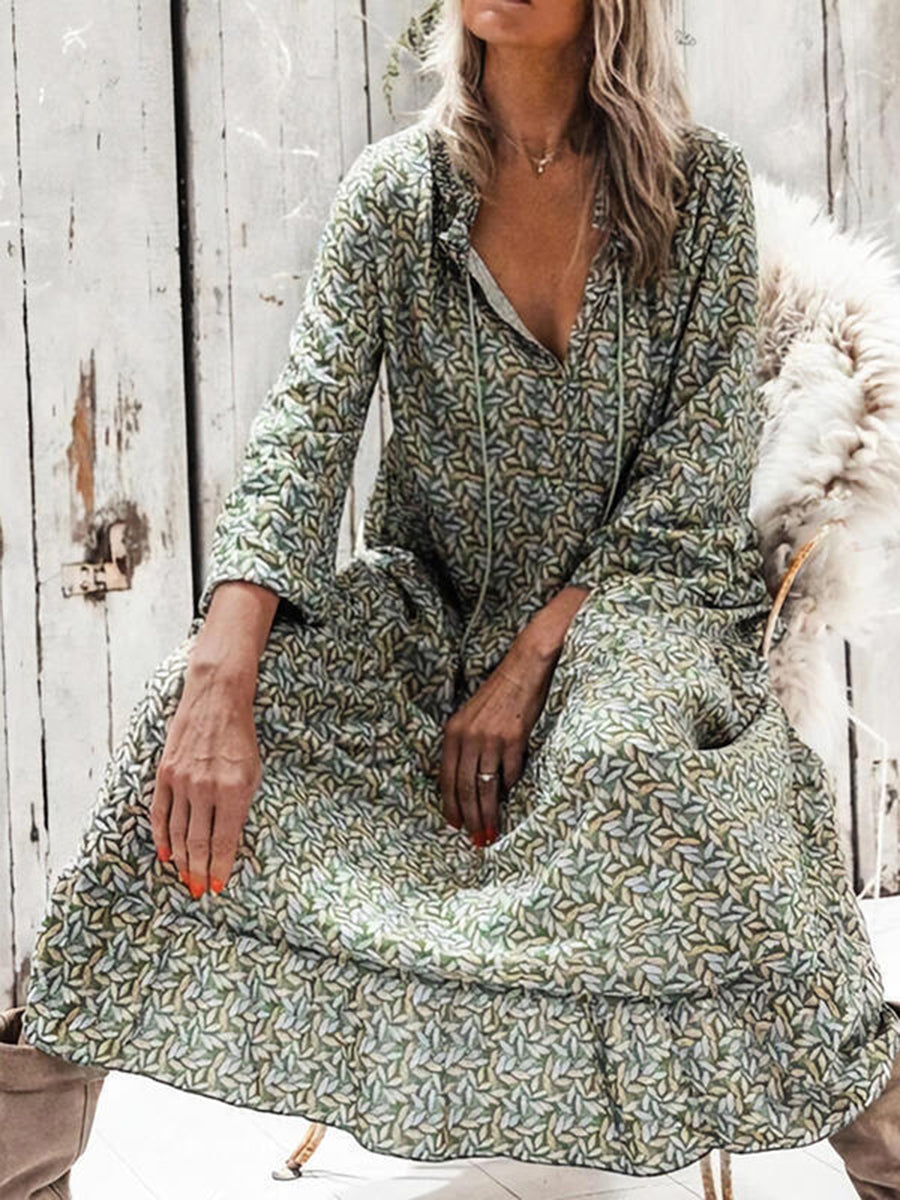 Bohemian Lapel Deep V Lace Up Floral Holiday Casual Dress