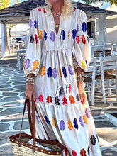 Load image into Gallery viewer, Fashion Bubble Lantern Long-sleeved V-neck Holiday Print Maxi Dress