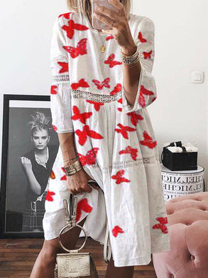 Lace Stitching Butterfly Print Holiday Casual Beach Dress