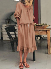 Load image into Gallery viewer, Solid Color Round Neck Loose Long Sleeve Lace Ruffled Casual Dress