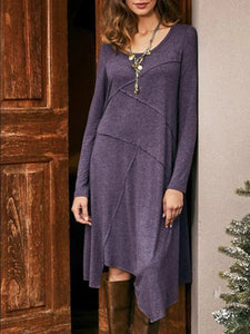 Solid Color Stitching Irregular Hedging Long Sleeve Casual Dress