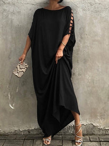 Bat Sleeve Loose Casual Round Neck Hollow Solid Color Dress