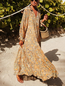 Women Bohemian V Neck Long Sleeve Floral Maxi Dress