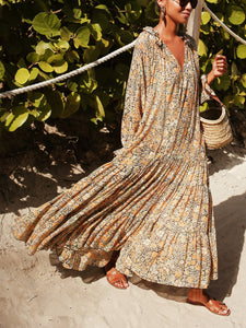 Women Bohemian V Neck Long Sleeve Floral Maxi Dress