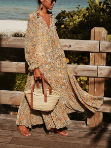 Women Bohemian V Neck Long Sleeve Floral Maxi Dress