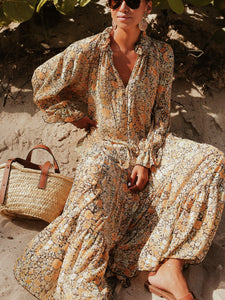 Women Bohemian V Neck Long Sleeve Floral Maxi Dress