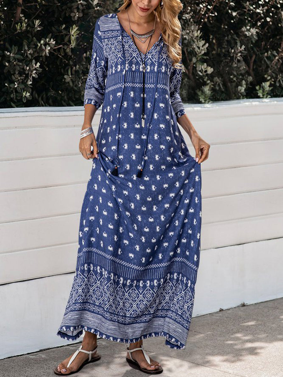 Women Bohemian Fringed 3/4 Sleeve Maxi Dress