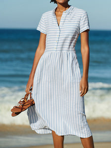 Women Plain Short Sleeve Striped Midi Dress