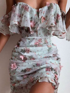 Fashion Sexy Ruffled Chiffon Print Mini Dress