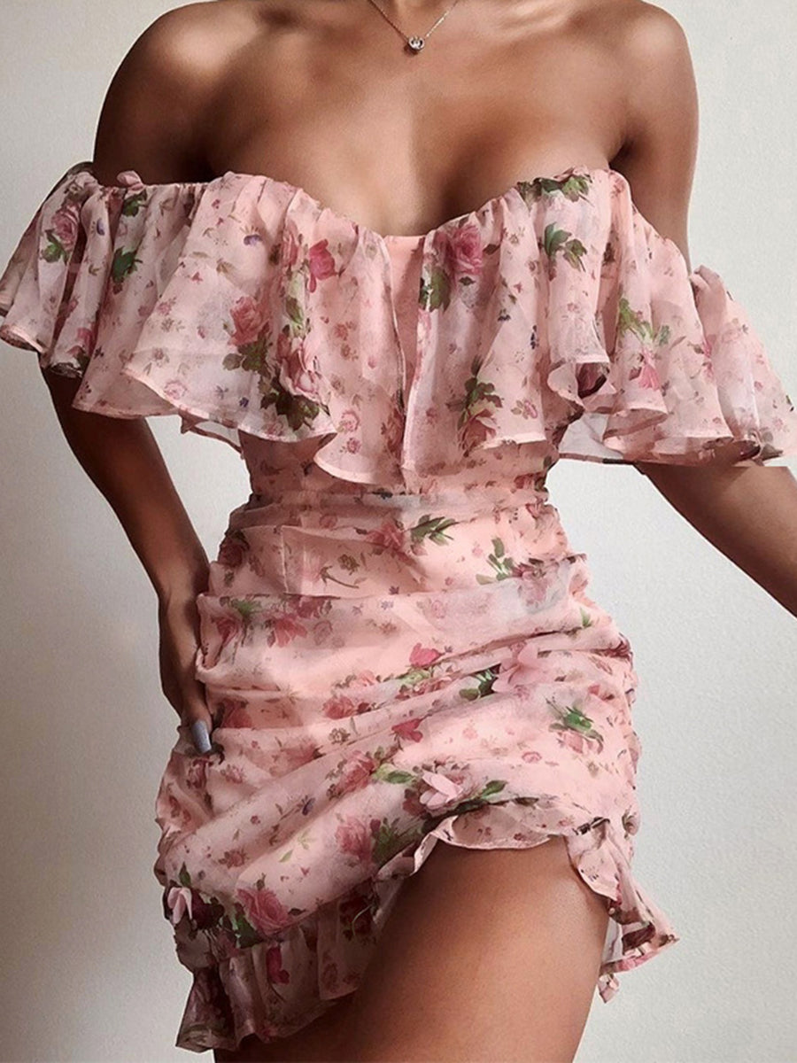 Fashion Sexy Ruffled Chiffon Print Mini Dress