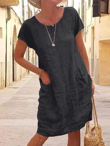 Women Plain Short Sleeve Cotton and Linen Mini Dress