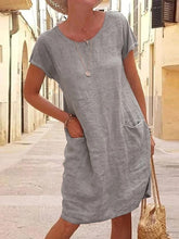 Load image into Gallery viewer, Women Plain Short Sleeve Cotton and Linen Mini Dress