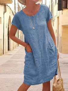 Women Plain Short Sleeve Cotton and Linen Mini Dress