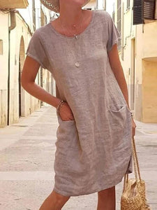 Women Plain Short Sleeve Cotton and Linen Mini Dress