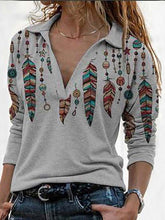 Load image into Gallery viewer, Women's Feather Print Casual Lapel V-neck Long Sleeve T-shirt
