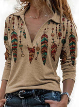 Load image into Gallery viewer, Women's Feather Print Casual Lapel V-neck Long Sleeve T-shirt