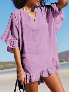 Women Plain V-Neck Ruffle Beach Mini Dress