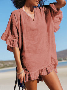 Women Plain V-Neck Ruffle Beach Mini Dress