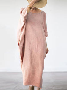 Women Plain Bat Sleeve Loose Cotton and Linen Maxi Dress