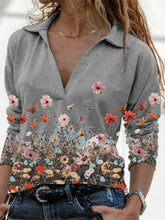 Load image into Gallery viewer, Women's Lapel Long Sleeve Floral Print V-neck Top