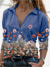 Load image into Gallery viewer, Women's Lapel Long Sleeve Floral Print V-neck Top