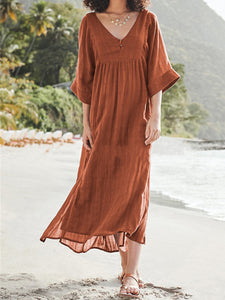 Women Plain Loose Cotton and Linen Maxi Dress