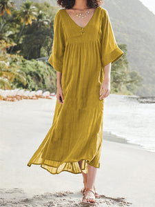 Women Plain Loose Cotton and Linen Maxi Dress