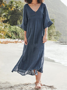 Women Plain Loose Cotton and Linen Maxi Dress