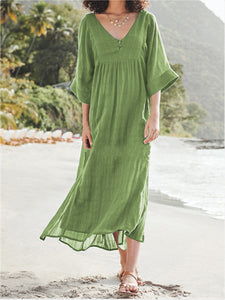 Women Plain Loose Cotton and Linen Maxi Dress