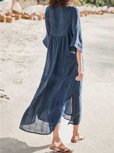 Women Plain Loose Cotton and Linen Maxi Dress