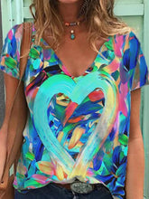 Load image into Gallery viewer, Casual V-neck Heart Print Short Sleeve Pullover T-shirt