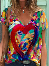 Load image into Gallery viewer, Casual V-neck Heart Print Short Sleeve Pullover T-shirt