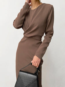 Fashion Slim Long Sleeve Round Neck High Waist Midi Dress