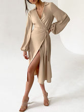 Load image into Gallery viewer, Fashion Solid Color V-Neck Lantern Sleeve Midi Dress