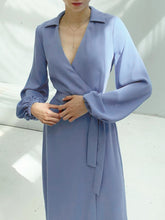 Load image into Gallery viewer, Fashion Solid Color V-Neck Lantern Sleeve Midi Dress