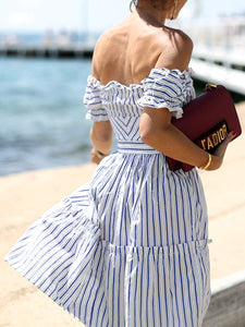 Casual Striped One-Shoulder Short-Sleeved Midi Dress