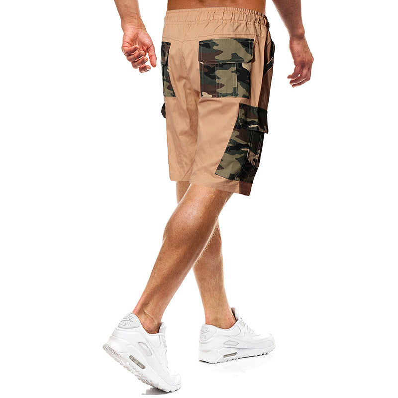 Men'S Fashion Camouflage Stitching Tether Belt Cargo Shorts