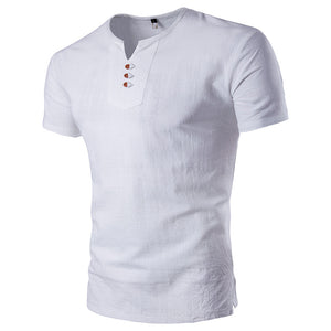 Cotton And Linen Solid Color V-Neck Short-Sleeved T-Shirt