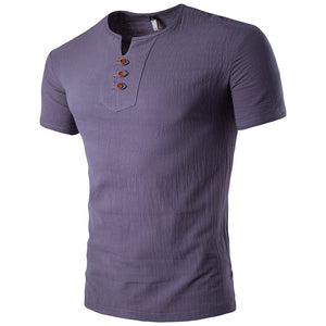 Cotton And Linen Solid Color V-Neck Short-Sleeved T-Shirt