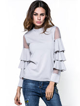 Load image into Gallery viewer, Women'S Fashion Stand-Up Collar Mesh Stitching Trumpet Sleeve T-Shirt