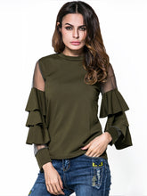 Load image into Gallery viewer, Women'S Fashion Stand-Up Collar Mesh Stitching Trumpet Sleeve T-Shirt