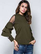 Load image into Gallery viewer, Women'S Fashion Stand-Up Collar Mesh Stitching Trumpet Sleeve T-Shirt